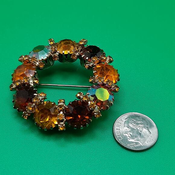 Vintage Karu Arke Style Autumn Rhinestone Wreath Brooch Topaz AB 1.75\